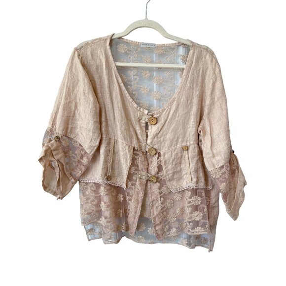 Italy Linen Cardigan Size Medium Floral Lace Button Front Linen Pink Fairy Boho - Picture 1 of 7